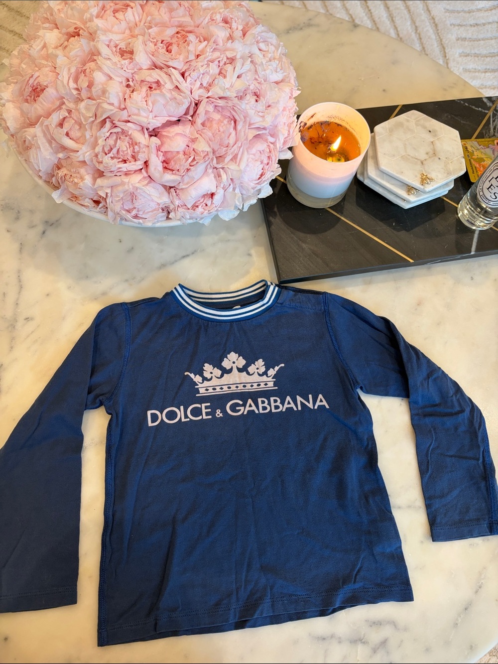 Dolce & Gabbana Navy Long-Sleeve Logo Tee with White Trim